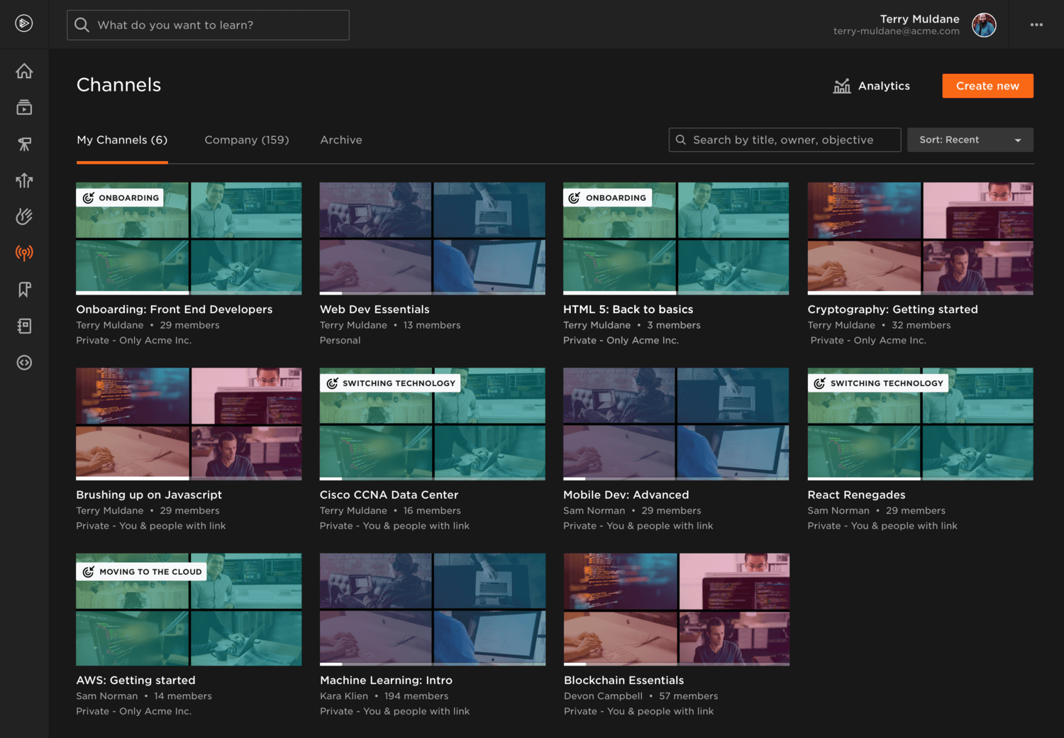 Channels page showing curated channel cards with member counts and privacy settings.