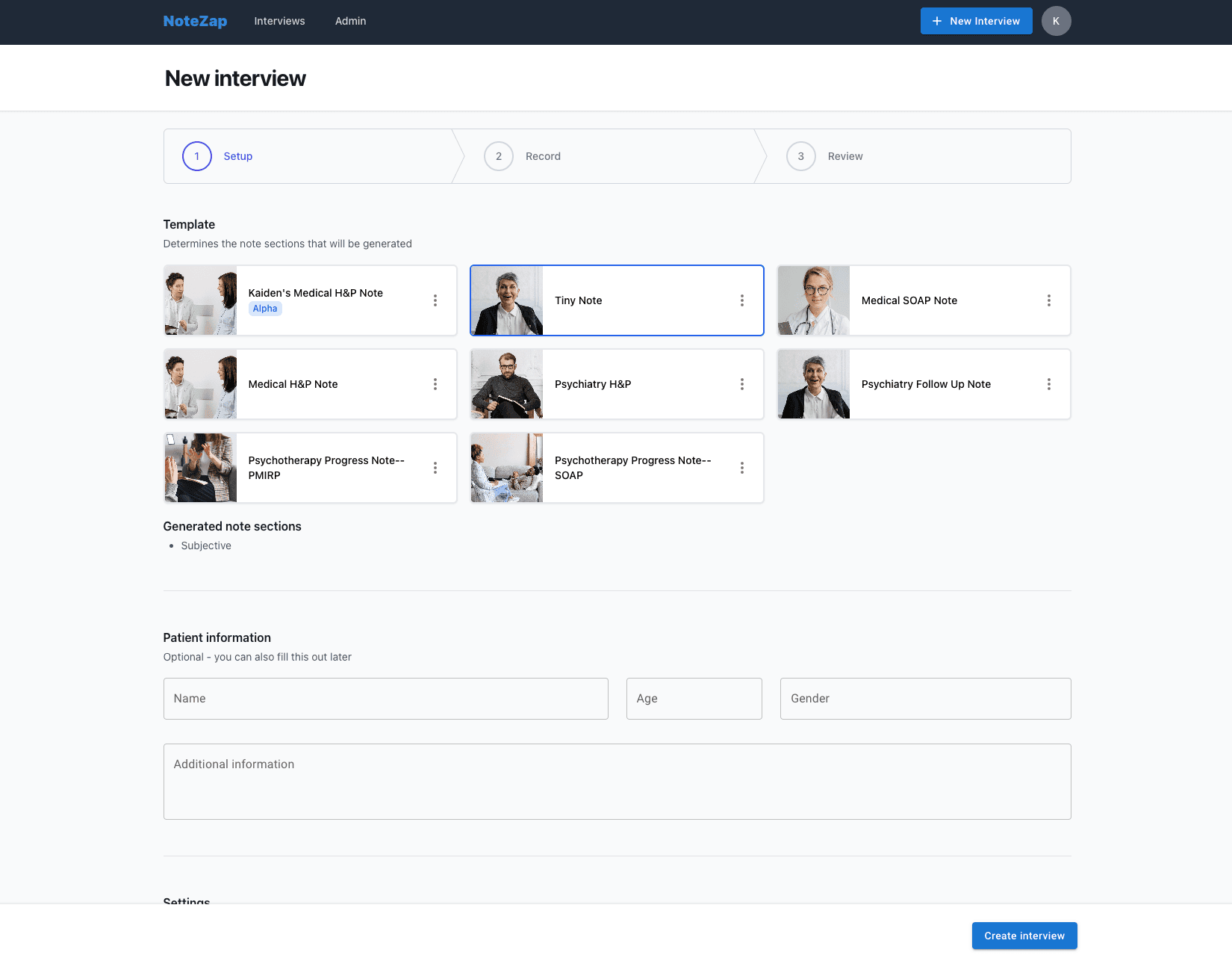 NoteZap new-interview screen with a three-step Setup, Record, Review progress bar and a grid of note templates such as Medical SOAP Note and Psychiatry H&P.