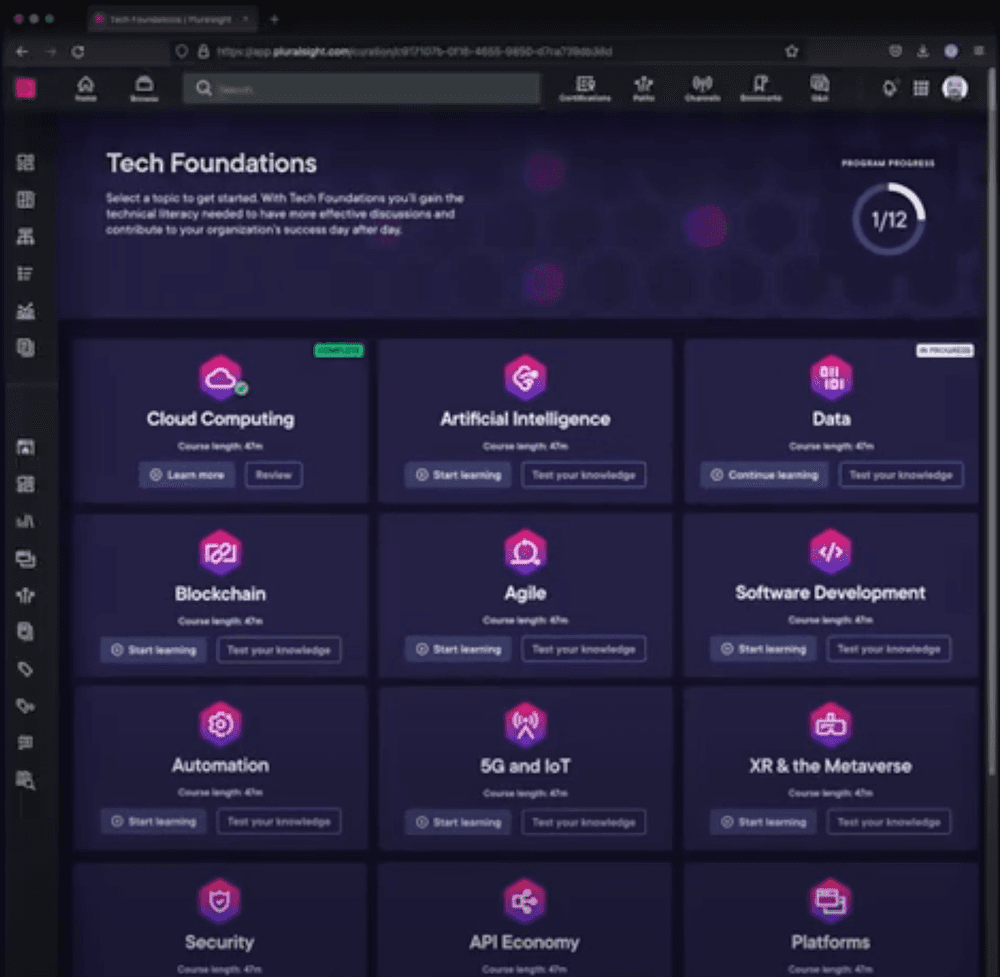Tech Foundations program page showing twelve topic cards, each with Start learning and Test your knowledge actions, and a program progress ring reading 1 of 12.