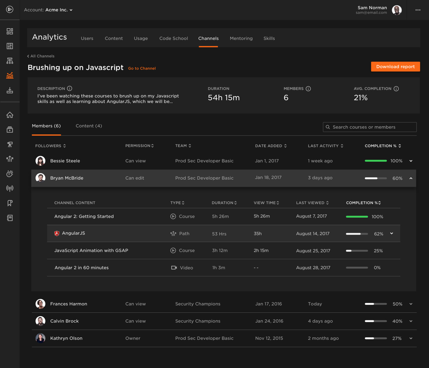 Screenshot of Pluralsight Channels